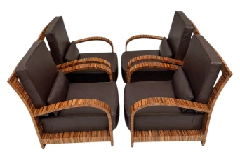 Four Art Deco Lounge Chairs with Leather Cushions France, 1930s